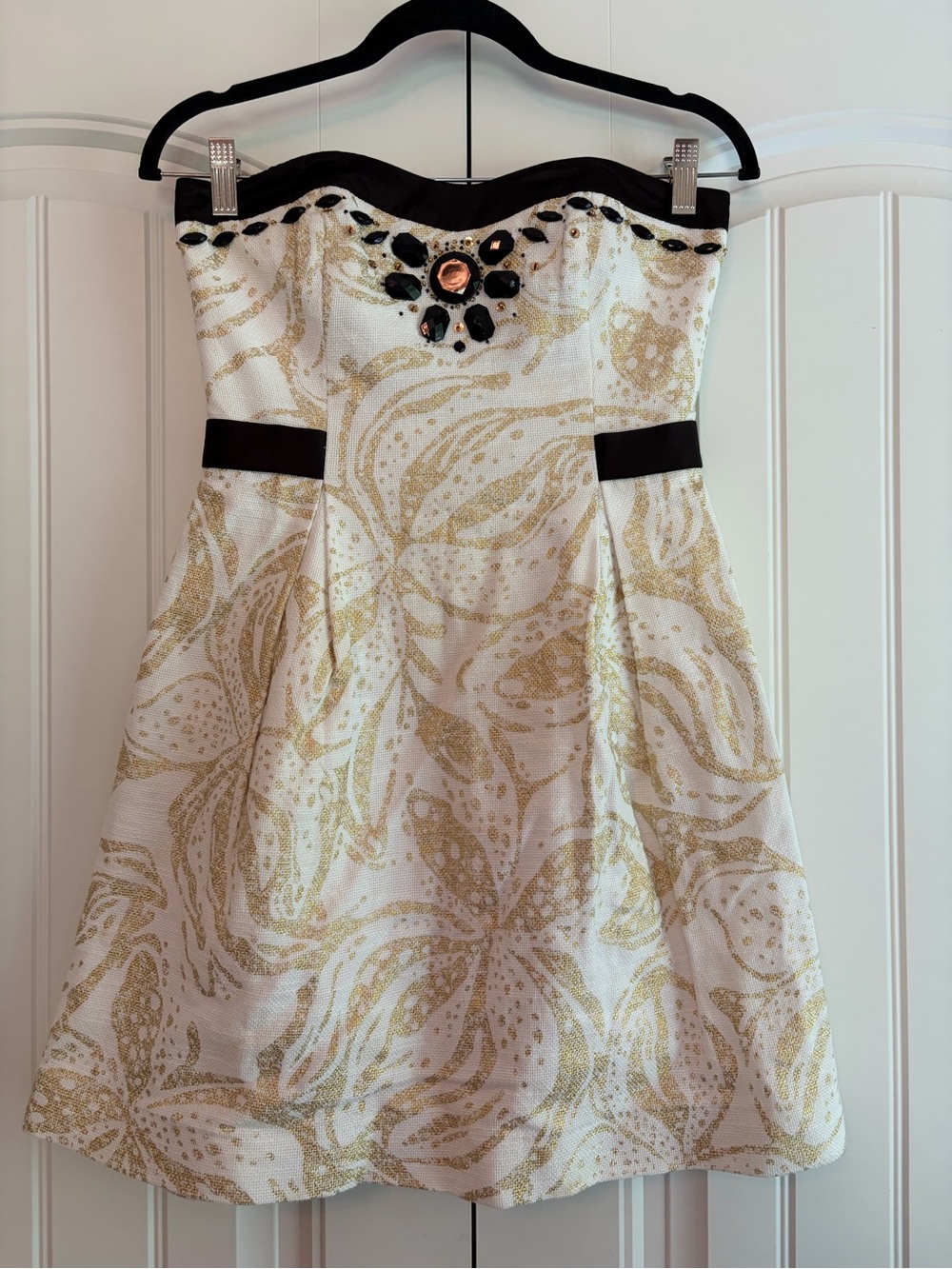 Lilly Pulitzer Christine Sneak A Peak Beaded Strapless Dress Sz 2 Gold Black Min - Picture 3 of 13